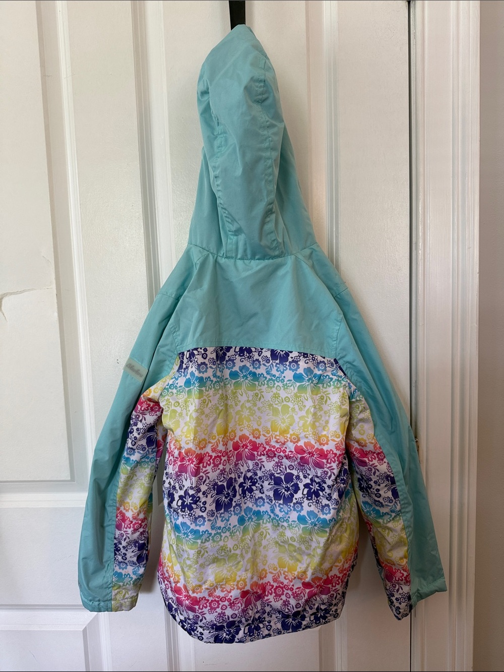 Kids' Aqua Hooded Jacket with Rainbow Floral Print